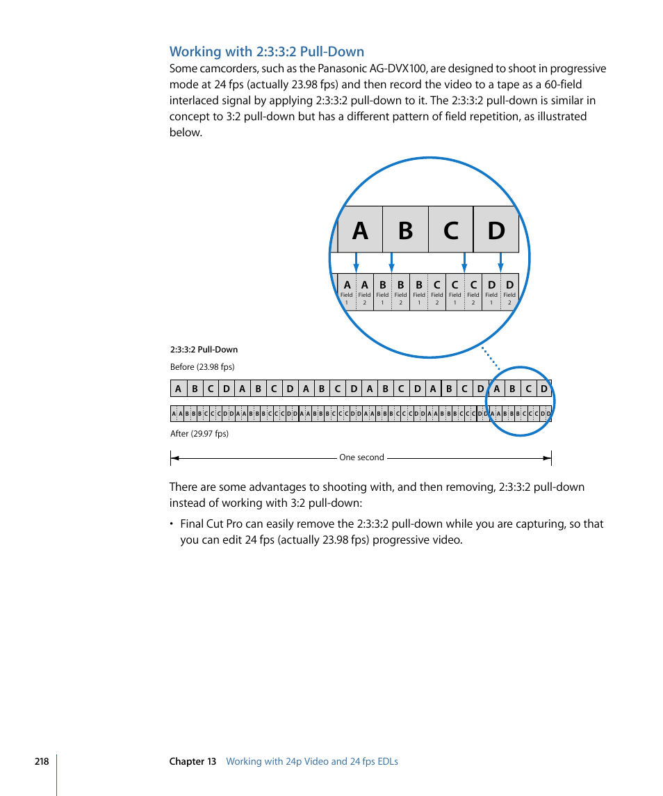 Working with 2:3:3:2 pull-down, Working with 2:3:3:2, Pull-down | A b c d | Apple Cinema Tools 4 User Manual | Page 218 / 258