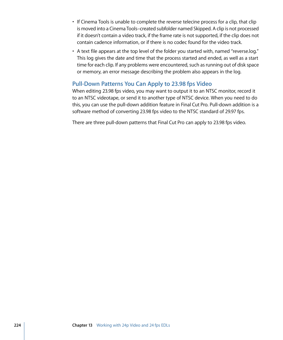 Pull-down patterns, You can apply to 23.98 fps video, Pull-down | Patterns you can apply to 23.98 fps video | Apple Cinema Tools 4 User Manual | Page 224 / 258