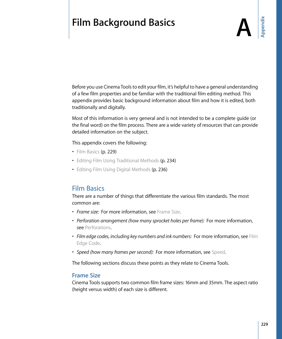 Appendix a: film background basics, Film basics, Frame size | Film background basics | Apple Cinema Tools 4 User Manual | Page 229 / 258