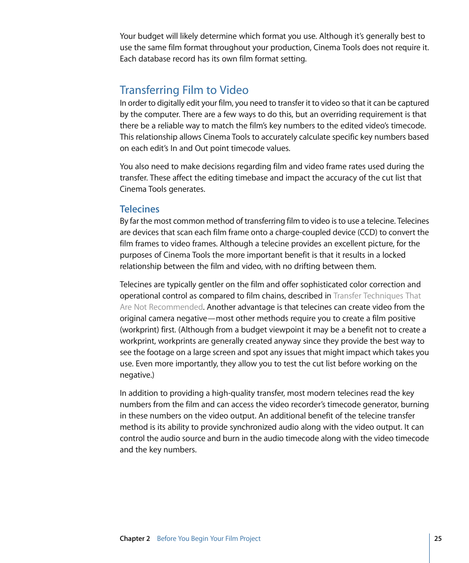 Transferring film to video, Telecines | Apple Cinema Tools 4 User Manual | Page 25 / 258