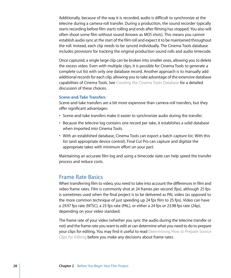 Scene-and-take transfers, Frame rate basics | Apple Cinema Tools 4 User Manual | Page 28 / 258