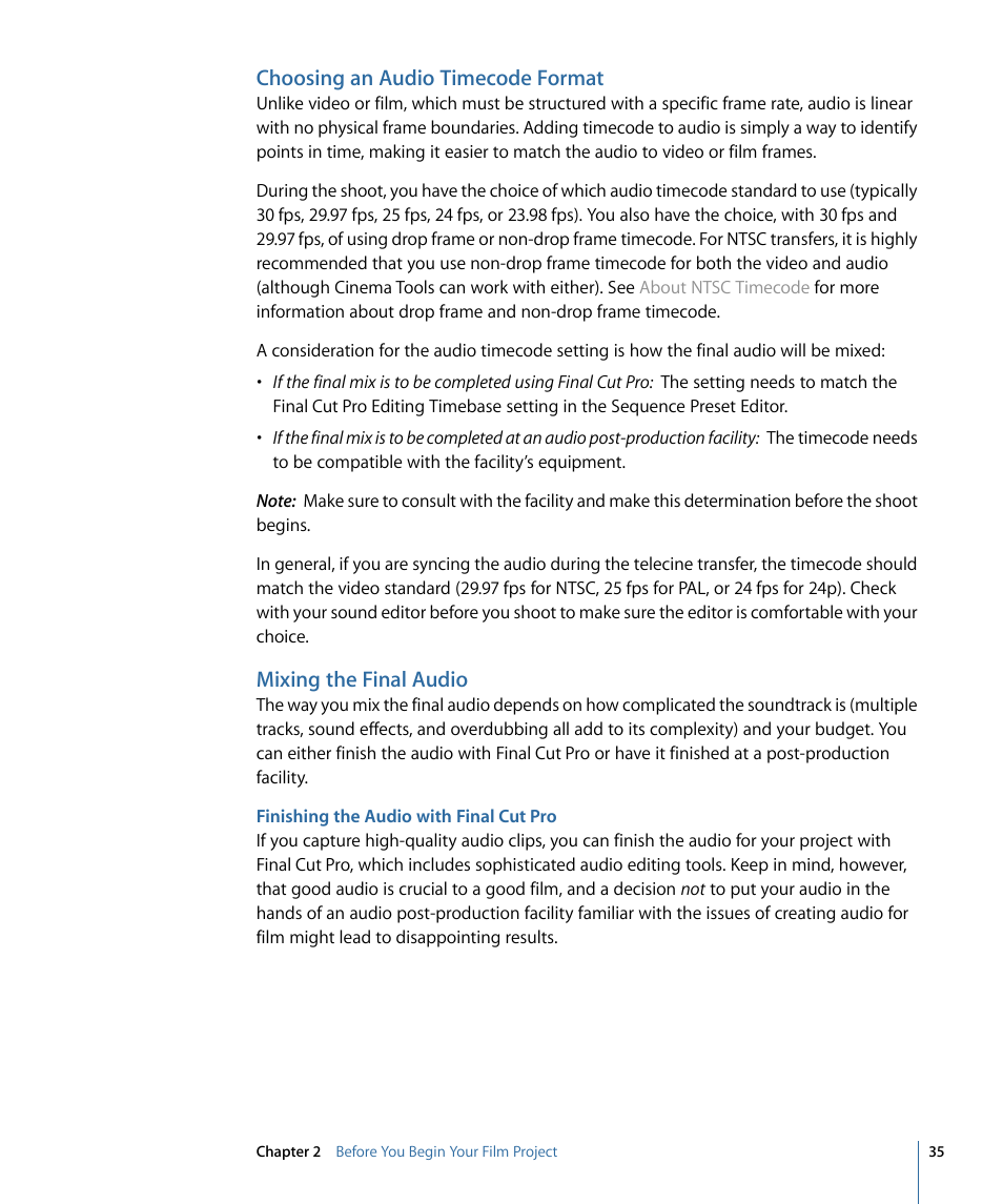 Choosing an audio timecode format, Mixing the final audio, Finishing the audio with final cut pro | Choosing an audio timecode, Format | Apple Cinema Tools 4 User Manual | Page 35 / 258