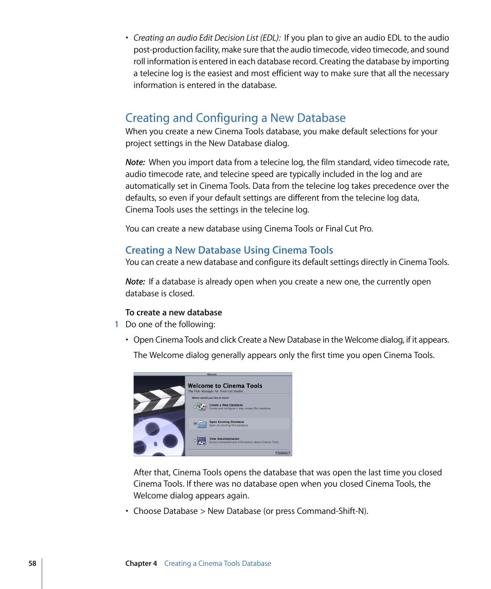Creating and configuring a new database, Creating a new database using cinema tools | Apple Cinema Tools 4 User Manual | Page 58 / 258