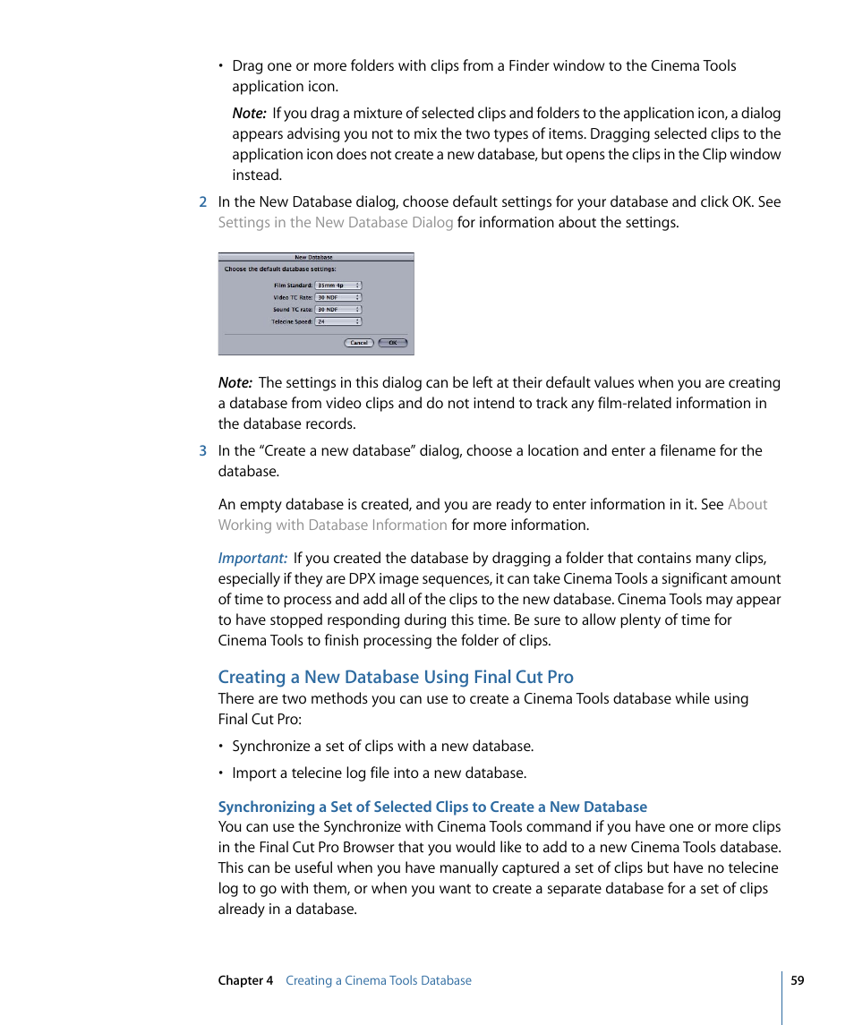 Creating a new database using final cut pro | Apple Cinema Tools 4 User Manual | Page 59 / 258