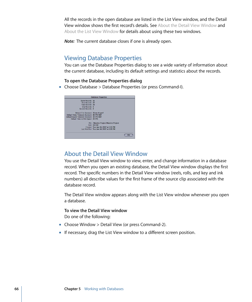 Viewing database properties, About the detail view window | Apple Cinema Tools 4 User Manual | Page 66 / 258