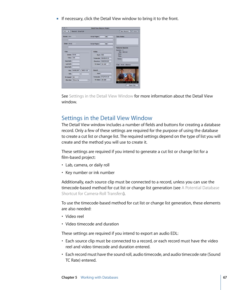 Settings in the detail view window | Apple Cinema Tools 4 User Manual | Page 67 / 258