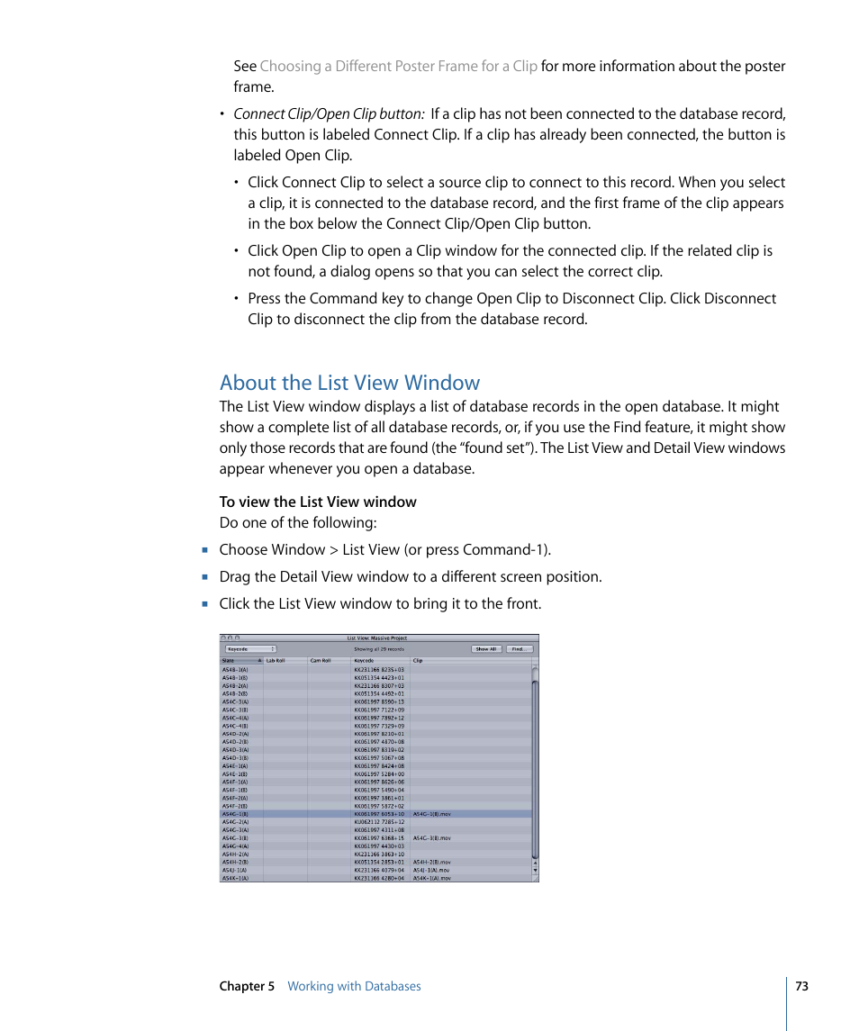 About the list view window | Apple Cinema Tools 4 User Manual | Page 73 / 258