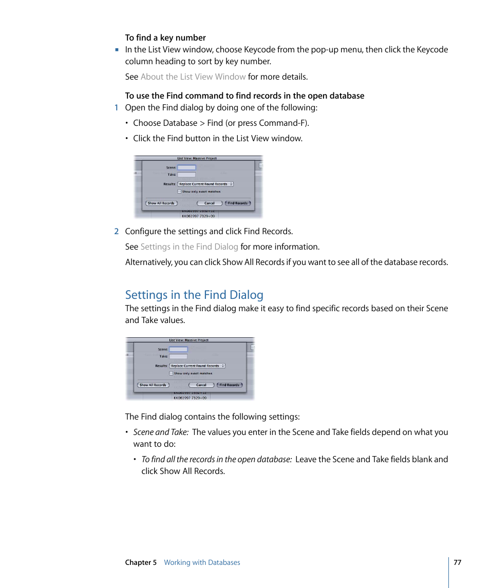 Settings in the find dialog | Apple Cinema Tools 4 User Manual | Page 77 / 258