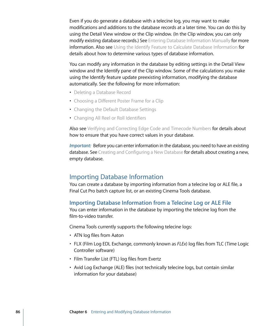 Importing database information | Apple Cinema Tools 4 User Manual | Page 86 / 258