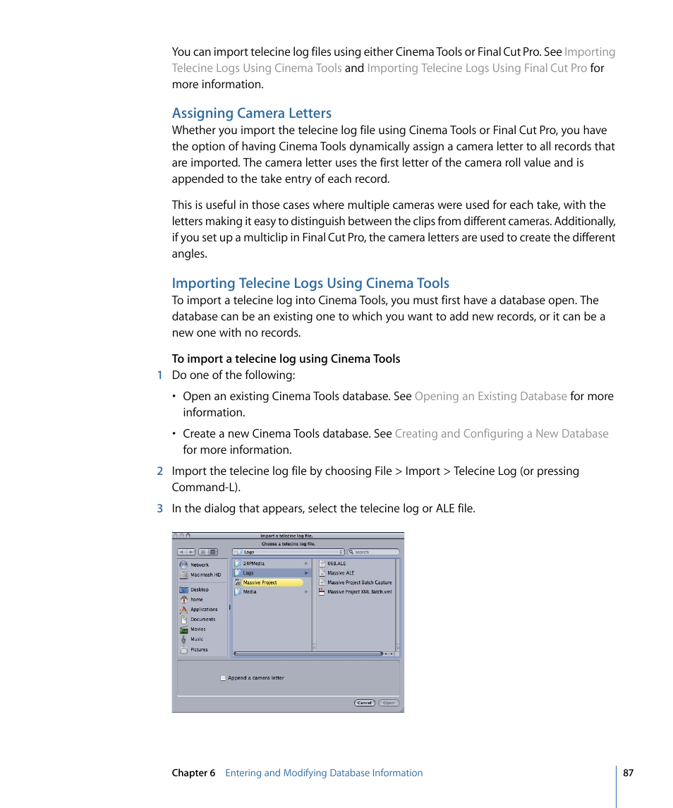 Assigning camera letters, Importing telecine logs using cinema tools | Apple Cinema Tools 4 User Manual | Page 87 / 258