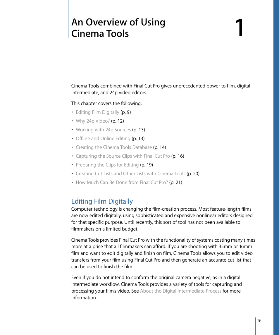 An overview of using cinema tools, Editing film digitally | Apple Cinema Tools 4 User Manual | Page 9 / 258