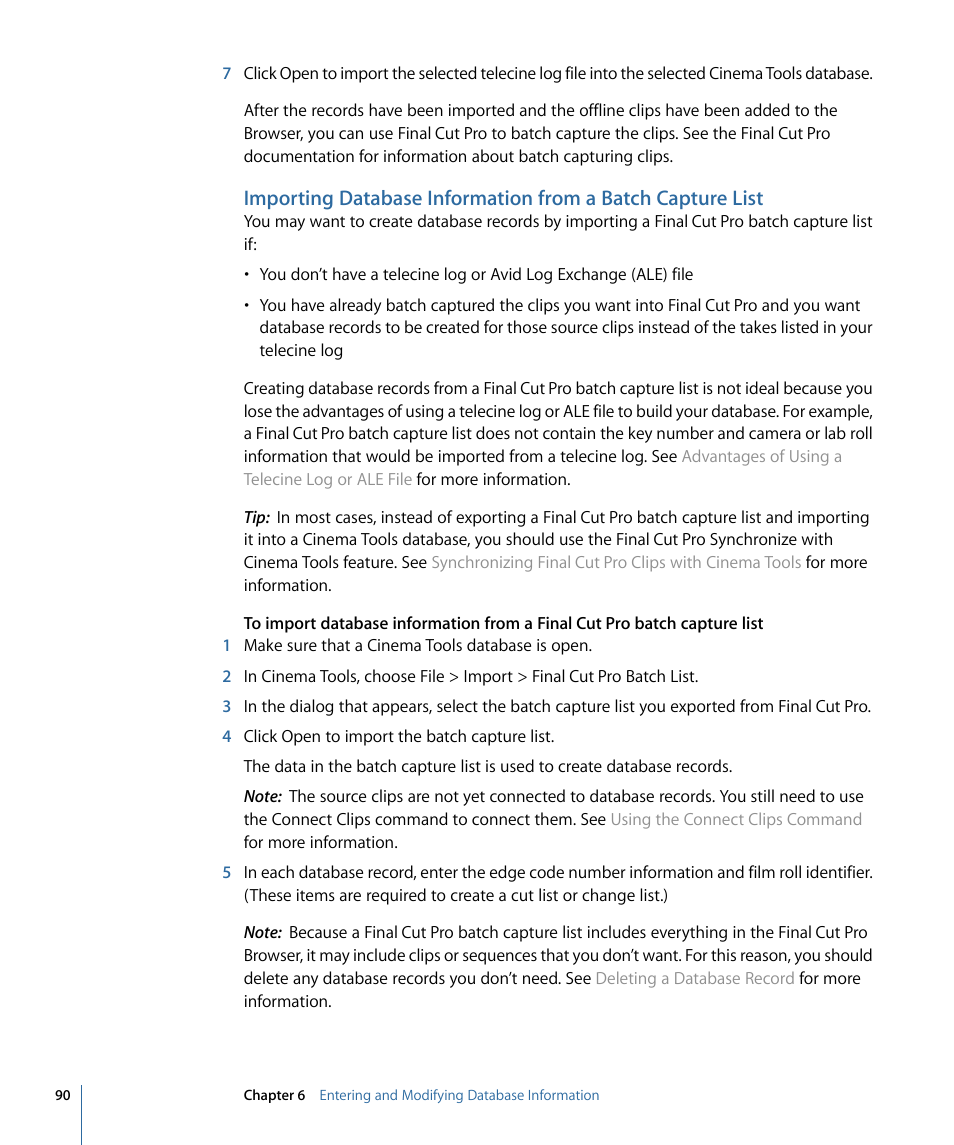 Importing database information, From a batch capture list | Apple Cinema Tools 4 User Manual | Page 90 / 258