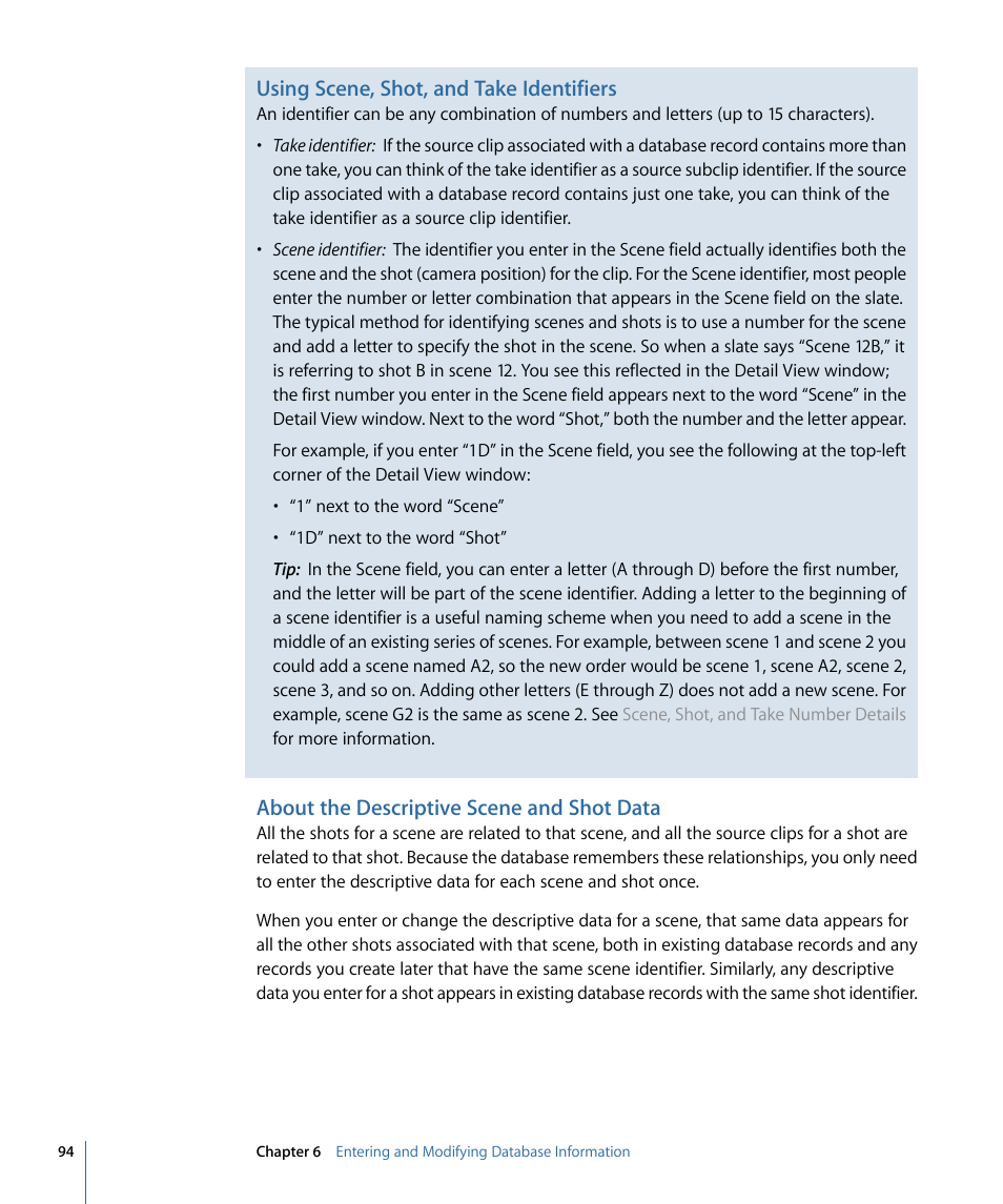 About the descriptive scene and shot data, Using scene, shot, and take identifiers | Apple Cinema Tools 4 User Manual | Page 94 / 258