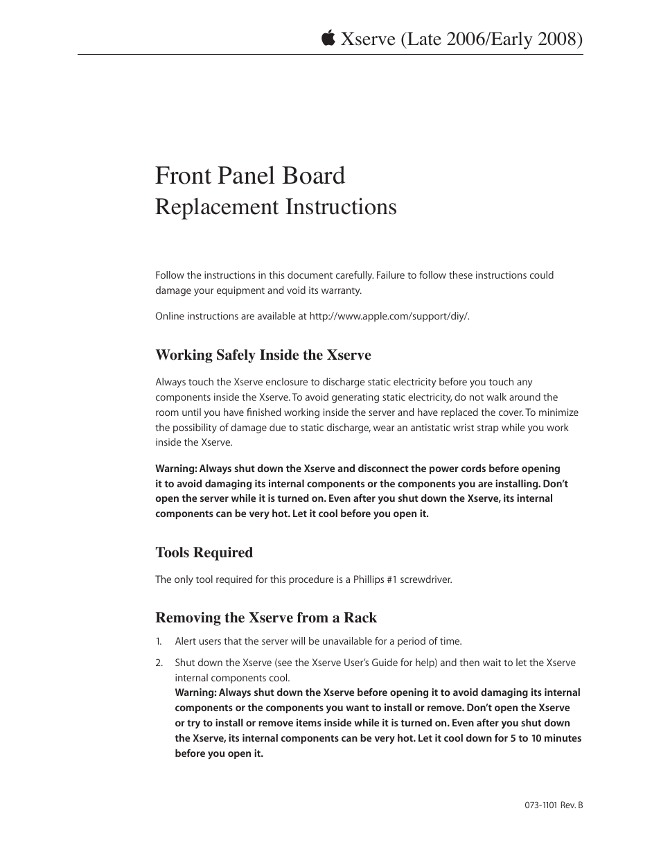Apple Xserve (Early 2008) DIY Procedure for Front Panel Board User Manual | 7 pages
