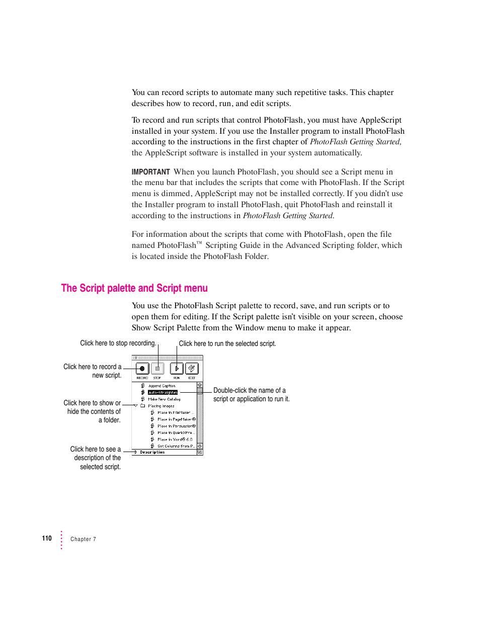 The script palette and script menu | Apple Macintosh PhotoFlash User Manual | Page 120 / 156