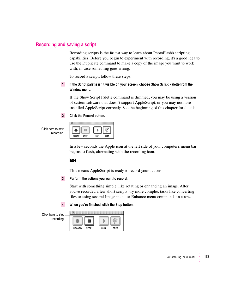 Recording and saving a script | Apple Macintosh PhotoFlash User Manual | Page 123 / 156