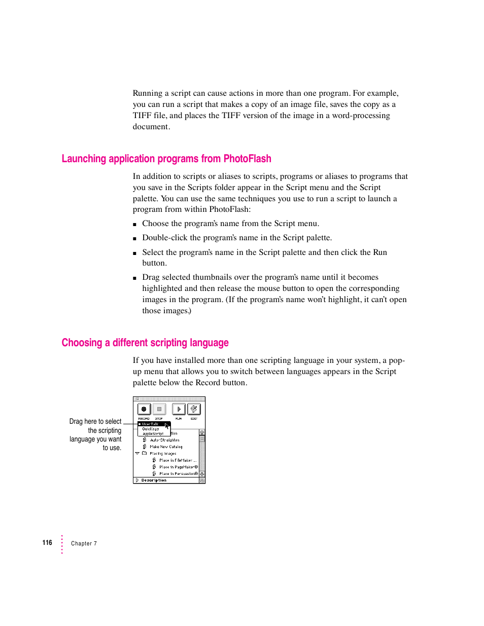 Launching application programs from photoflash, Choosing a different scripting language | Apple Macintosh PhotoFlash User Manual | Page 126 / 156
