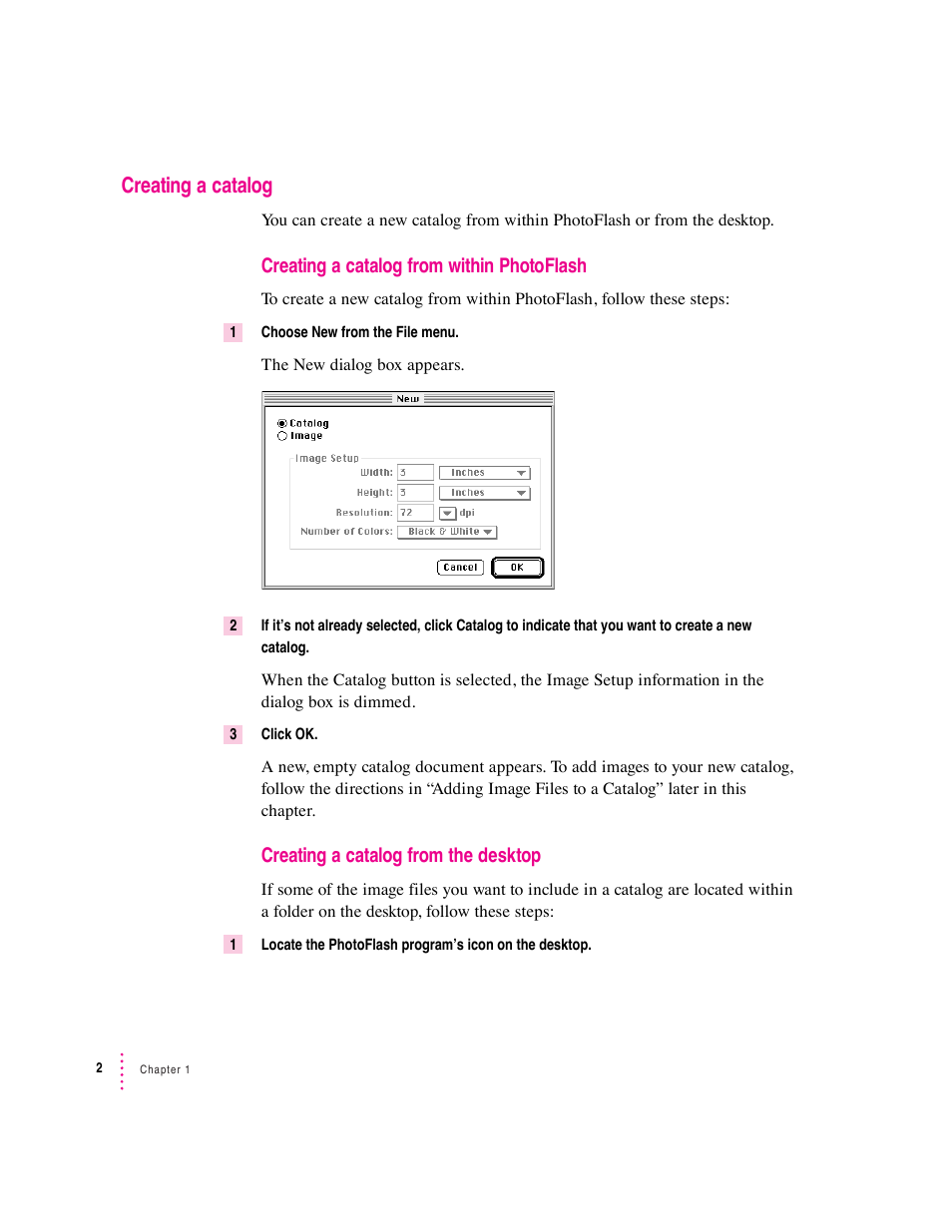 Creating a catalog, Creating a catalog from within photoflash, Creating a catalog from the desktop | Apple Macintosh PhotoFlash User Manual | Page 13 / 156