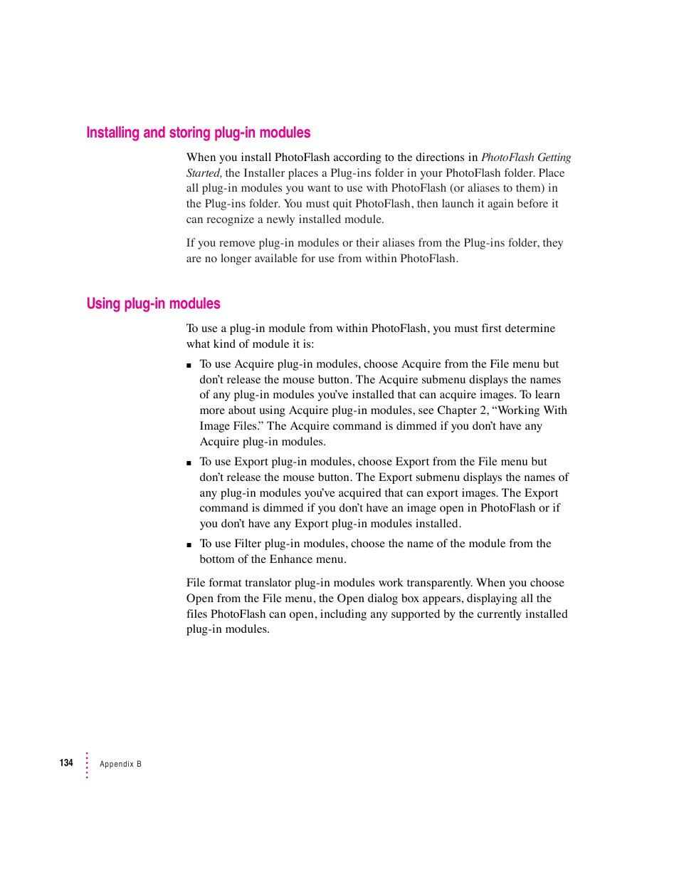 Installing and storing plug-in modules, Using plug-in modules | Apple Macintosh PhotoFlash User Manual | Page 144 / 156