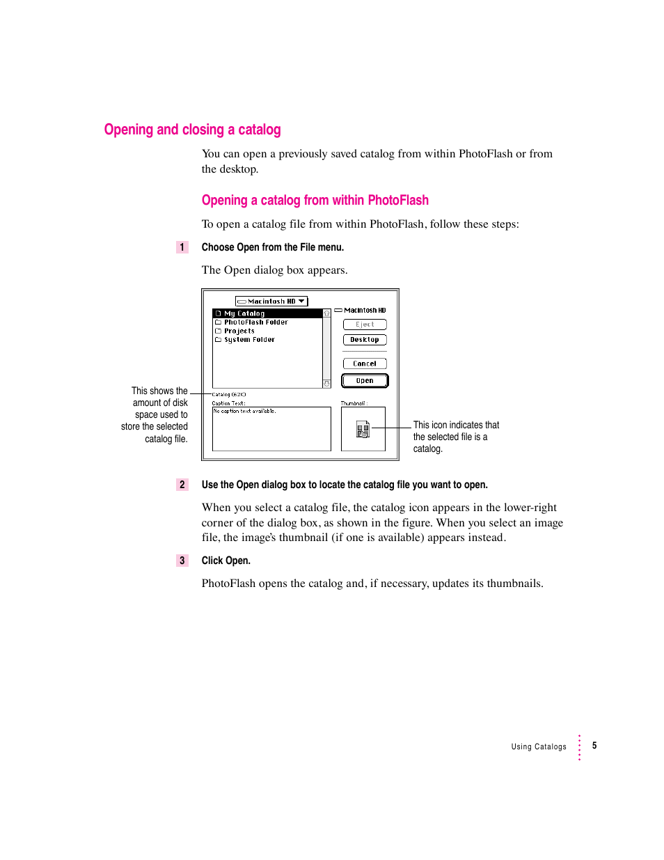 Opening and closing a catalog, Opening a catalog from within photoflash | Apple Macintosh PhotoFlash User Manual | Page 16 / 156