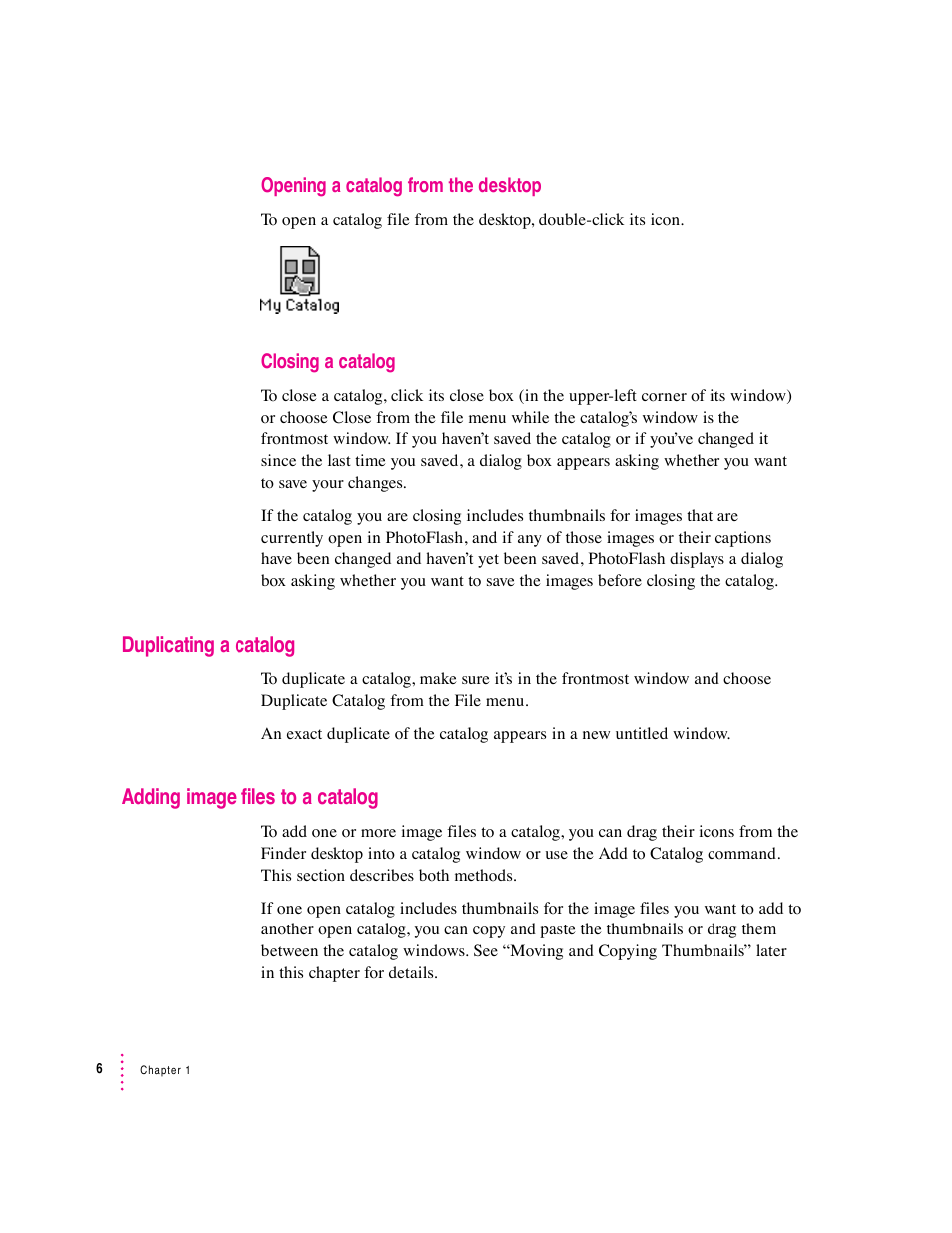 Duplicating a catalog, Adding image files to a catalog | Apple Macintosh PhotoFlash User Manual | Page 17 / 156