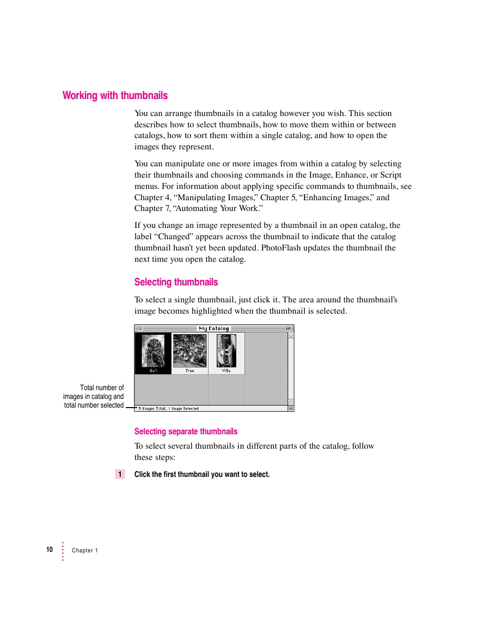 Working with thumbnails, Selecting thumbnails | Apple Macintosh PhotoFlash User Manual | Page 21 / 156