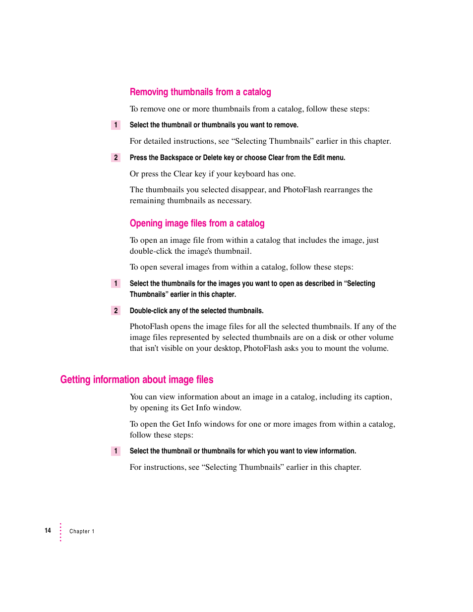 Getting information about image files, Removing thumbnails from a catalog, Opening image files from a catalog | Apple Macintosh PhotoFlash User Manual | Page 25 / 156