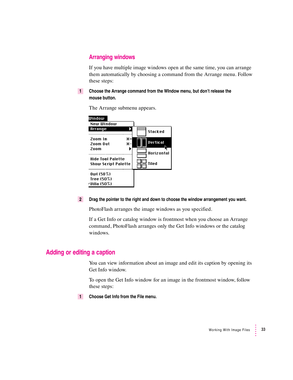 Adding or editing a caption, Arranging windows | Apple Macintosh PhotoFlash User Manual | Page 44 / 156