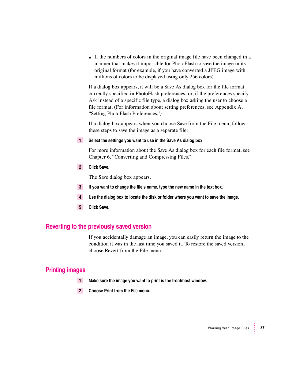 Reverting to the previously saved version, Printing images | Apple Macintosh PhotoFlash User Manual | Page 48 / 156