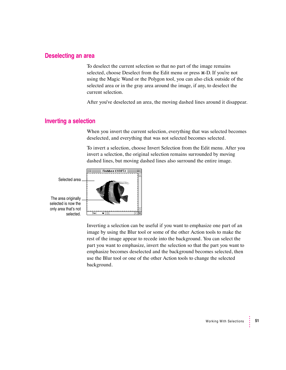 Deselecting an area, Inverting a selection | Apple Macintosh PhotoFlash User Manual | Page 61 / 156