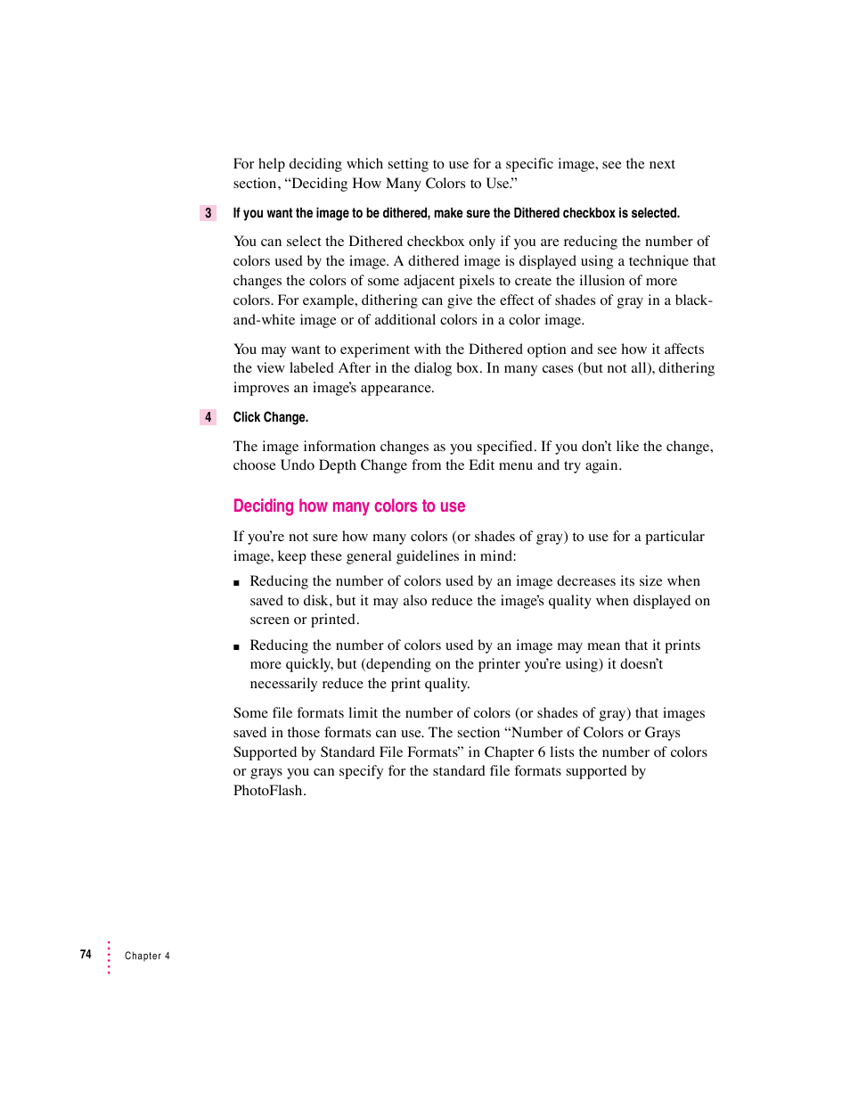 Deciding how many colors to use | Apple Macintosh PhotoFlash User Manual | Page 84 / 156