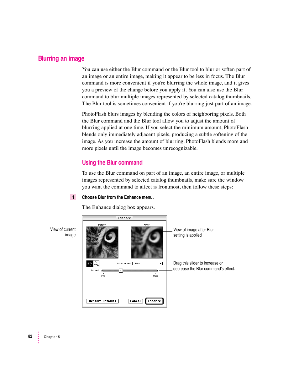 Blurring an image, Using the blur command | Apple Macintosh PhotoFlash User Manual | Page 92 / 156