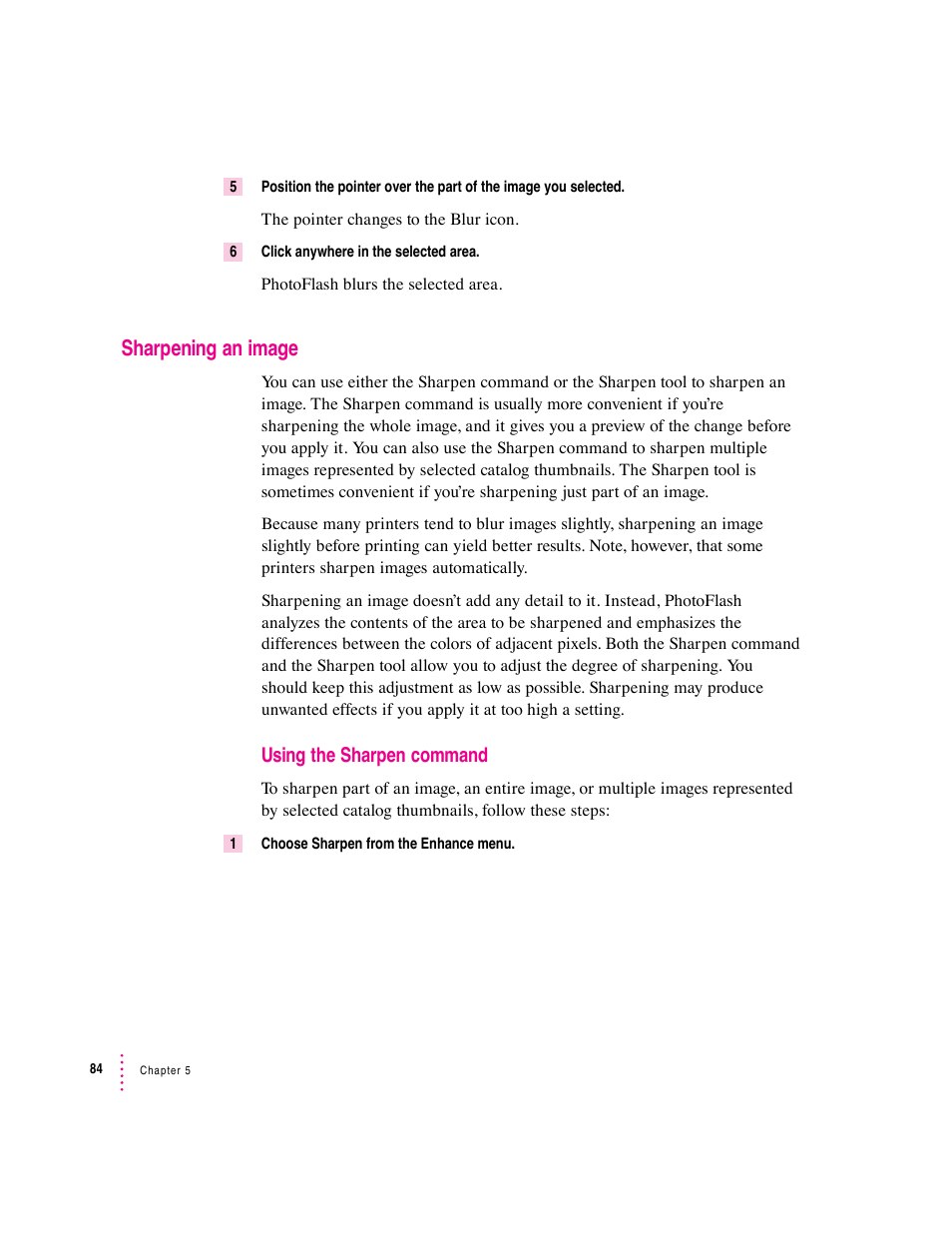 Sharpening an image, Using the sharpen command | Apple Macintosh PhotoFlash User Manual | Page 94 / 156