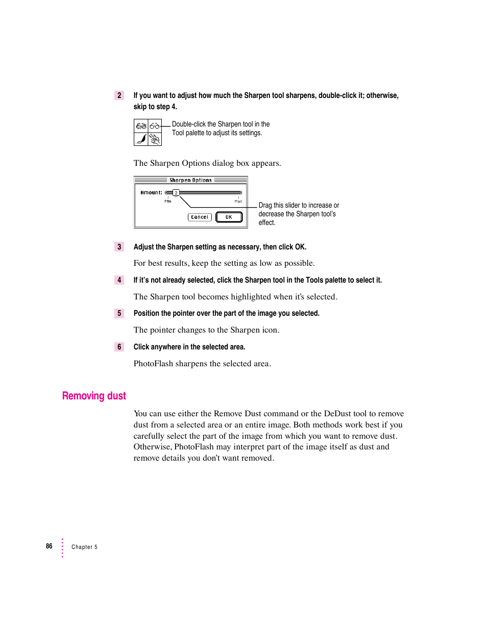 Removing dust | Apple Macintosh PhotoFlash User Manual | Page 96 / 156