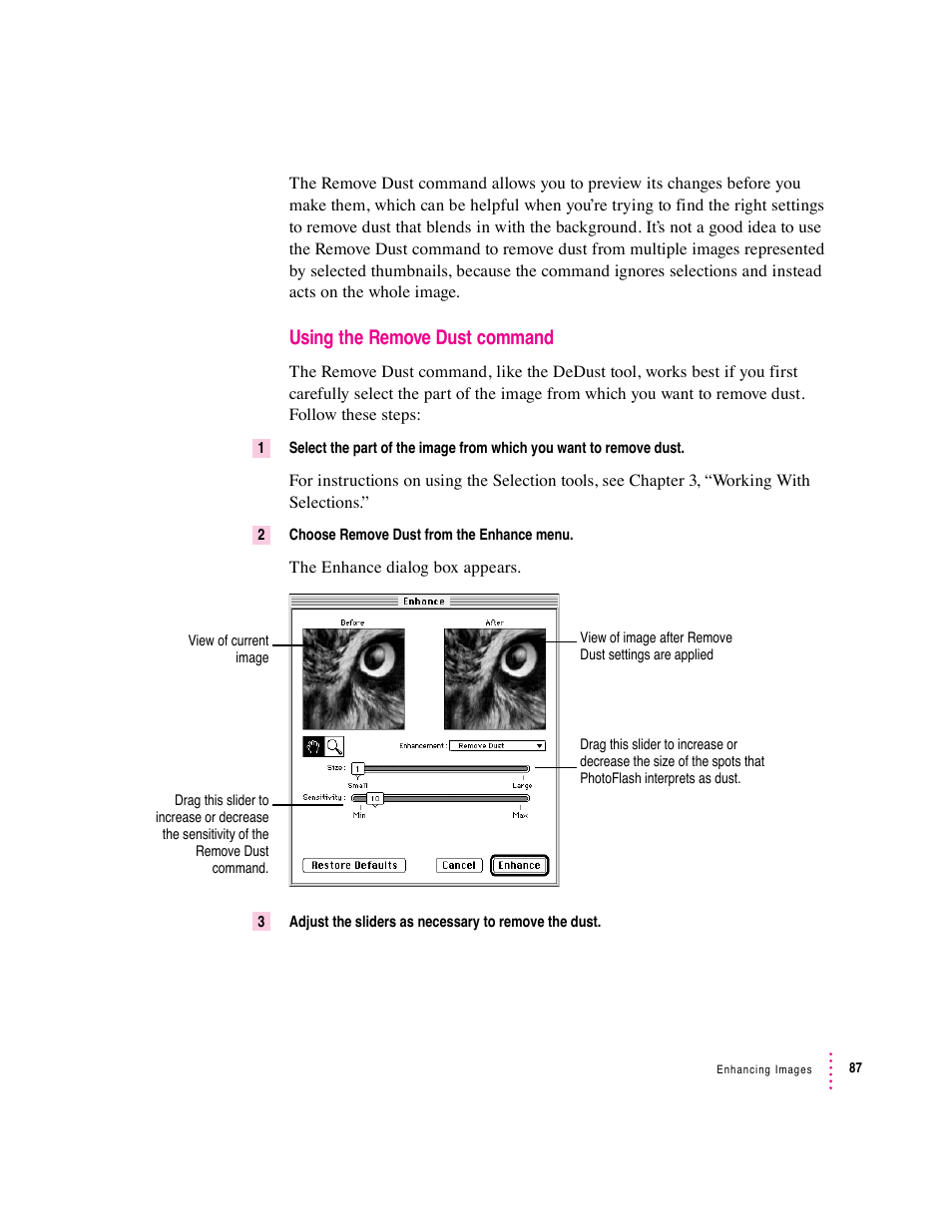 Using the remove dust command | Apple Macintosh PhotoFlash User Manual | Page 97 / 156