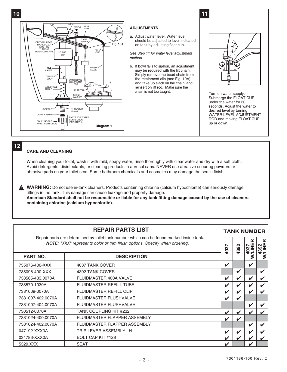 Repair parts list, Part no. description tank number, Warning | American Standard 2446 User Manual | Page 3 / 5