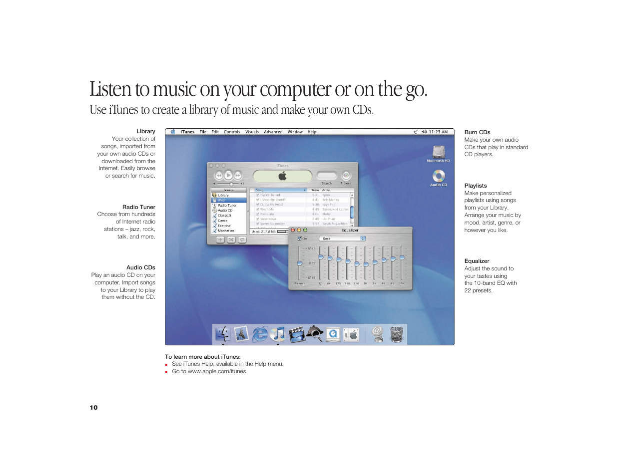 Listen to music on your computer or on the go | Apple iMac G4 Flat Panel 15-inch (Original) User Manual | Page 11 / 40