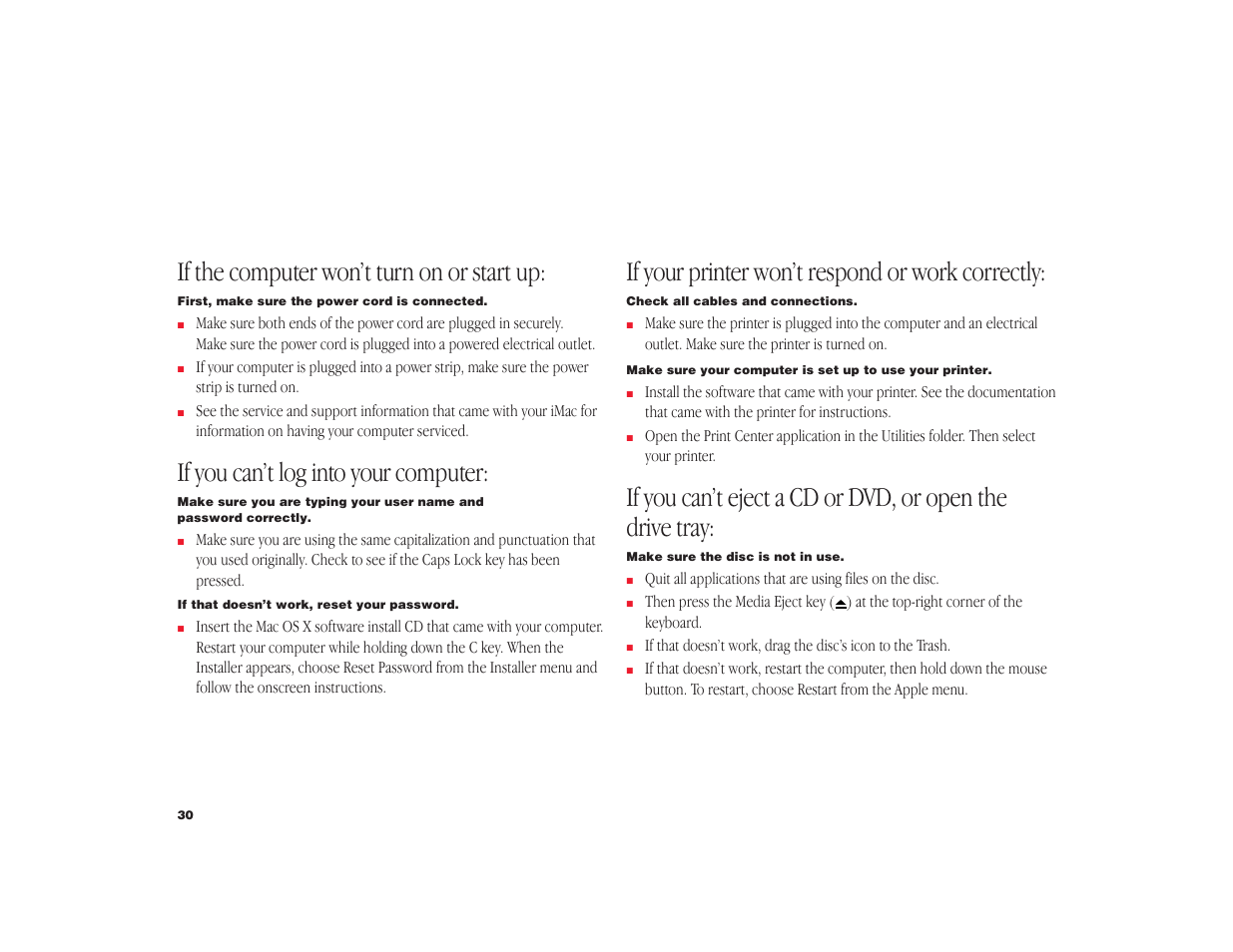 If the computer won’t turn on or start up, If you can’t log into your computer, If your printer won’t respond or work correctly | Apple iMac G4 Flat Panel 15-inch (Original) User Manual | Page 31 / 40