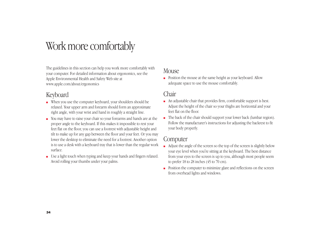 Work more comfortably, Keyboard, Mouse | Chair, Computer | Apple iMac G4 Flat Panel 15-inch (Original) User Manual | Page 35 / 40