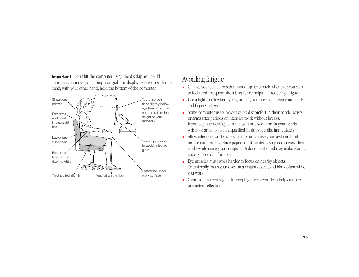 Avoiding fatigue | Apple iMac G4 Flat Panel 15-inch (Original) User Manual | Page 36 / 40