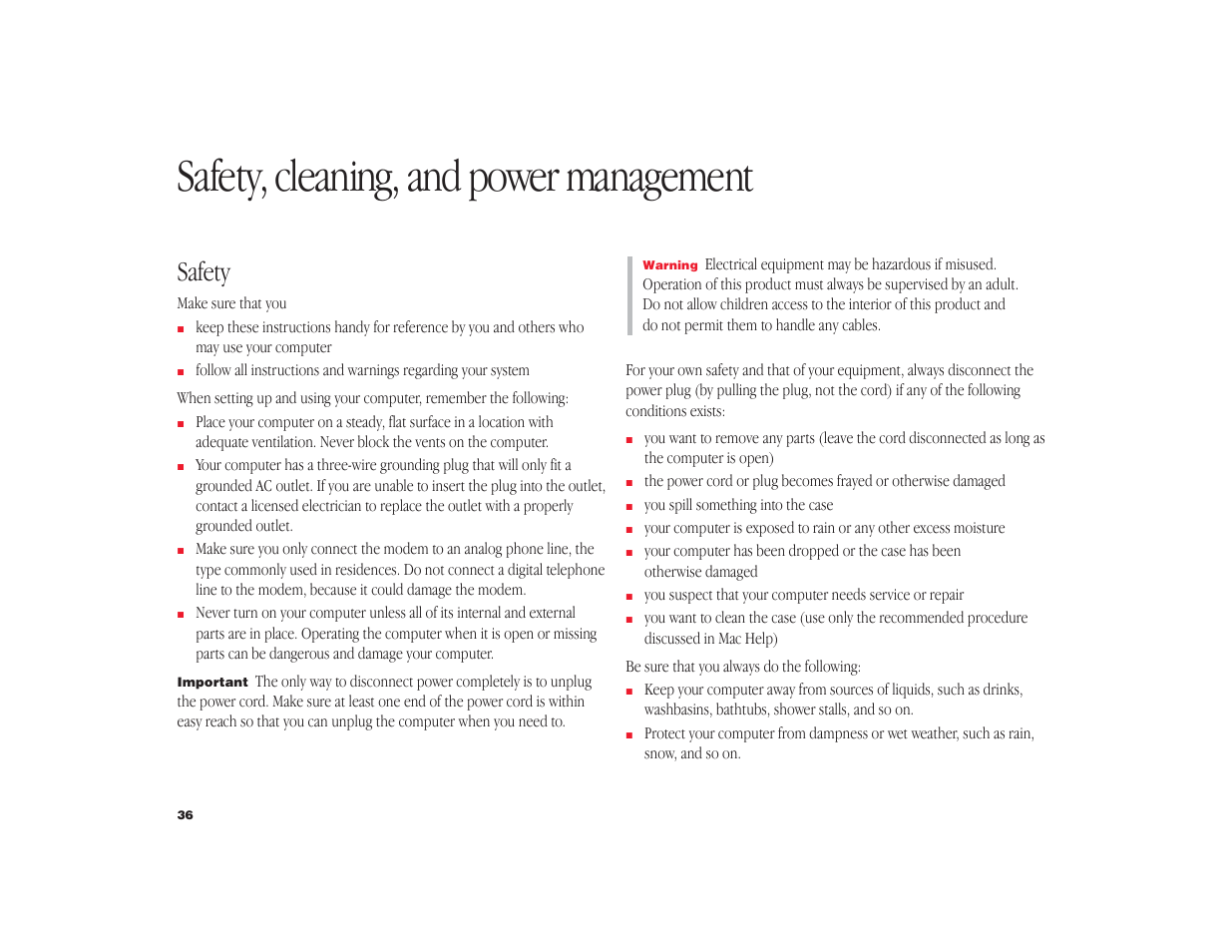 Safety, cleaning, and power management, Safety | Apple iMac G4 Flat Panel 15-inch (Original) User Manual | Page 37 / 40