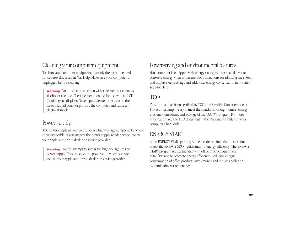 Cleaning your computer equipment, Power supply, Power-saving and environmental features | Energy star | Apple iMac G4 Flat Panel 15-inch (Original) User Manual | Page 38 / 40