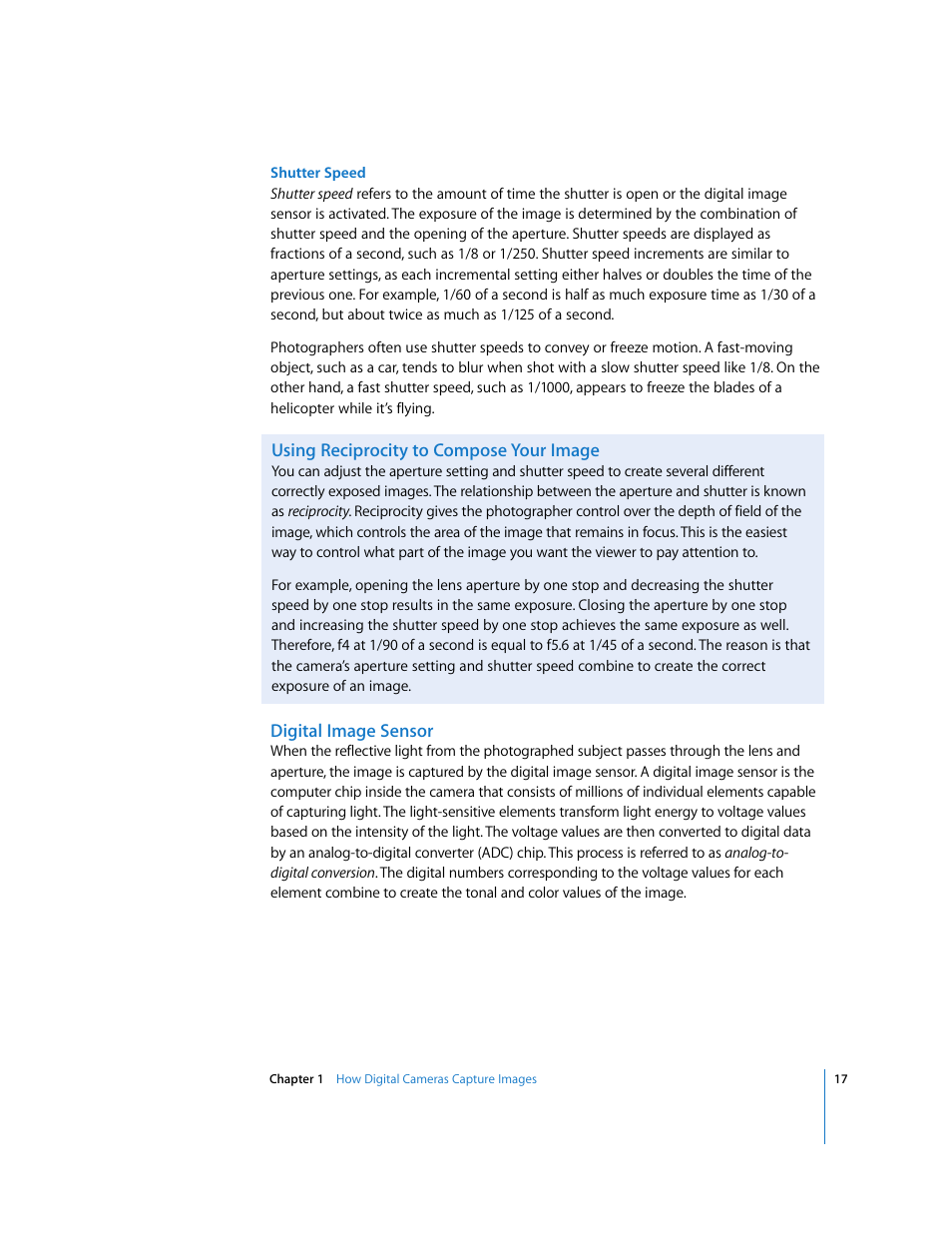 Using reciprocity to compose your image, Digital image sensor | Apple Aperture Digital Photography Fundamentals User Manual | Page 17 / 47