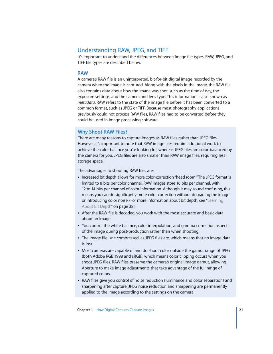 Understanding raw, jpeg, and tiff, Why shoot raw files, P. 21) | Understanding raw, Jpeg, and tiff | Apple Aperture Digital Photography Fundamentals User Manual | Page 21 / 47