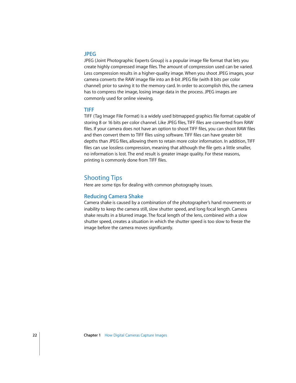 Jpeg, Tiff, Shooting tips | Reducing camera shake, P. 22) | Apple Aperture Digital Photography Fundamentals User Manual | Page 22 / 47