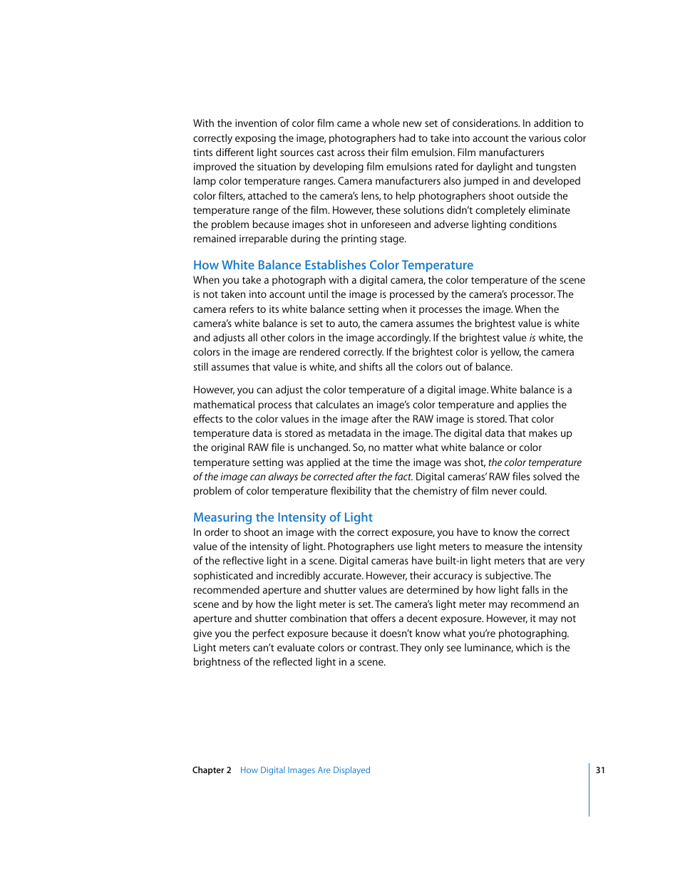 How white balance establishes color temperature, Measuring the intensity of light | Apple Aperture Digital Photography Fundamentals User Manual | Page 31 / 47