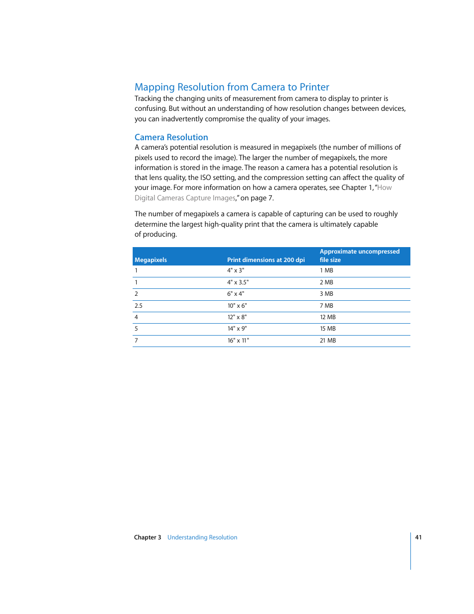 Mapping resolution from camera to printer, Camera resolution, P. 41) | Apple Aperture Digital Photography Fundamentals User Manual | Page 41 / 47