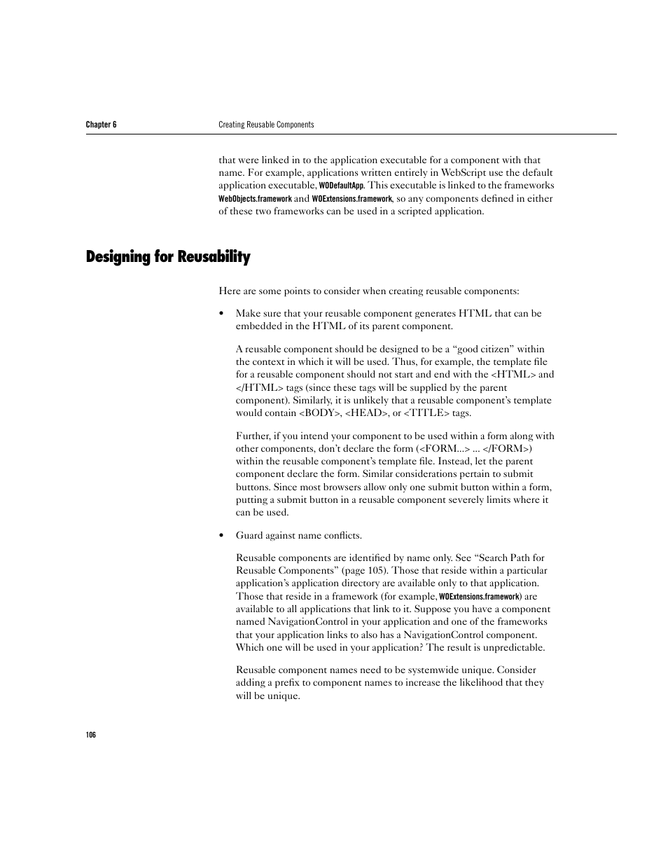 Designing for reusability | Apple WebObjects 3.5 User Manual | Page 106 / 218
