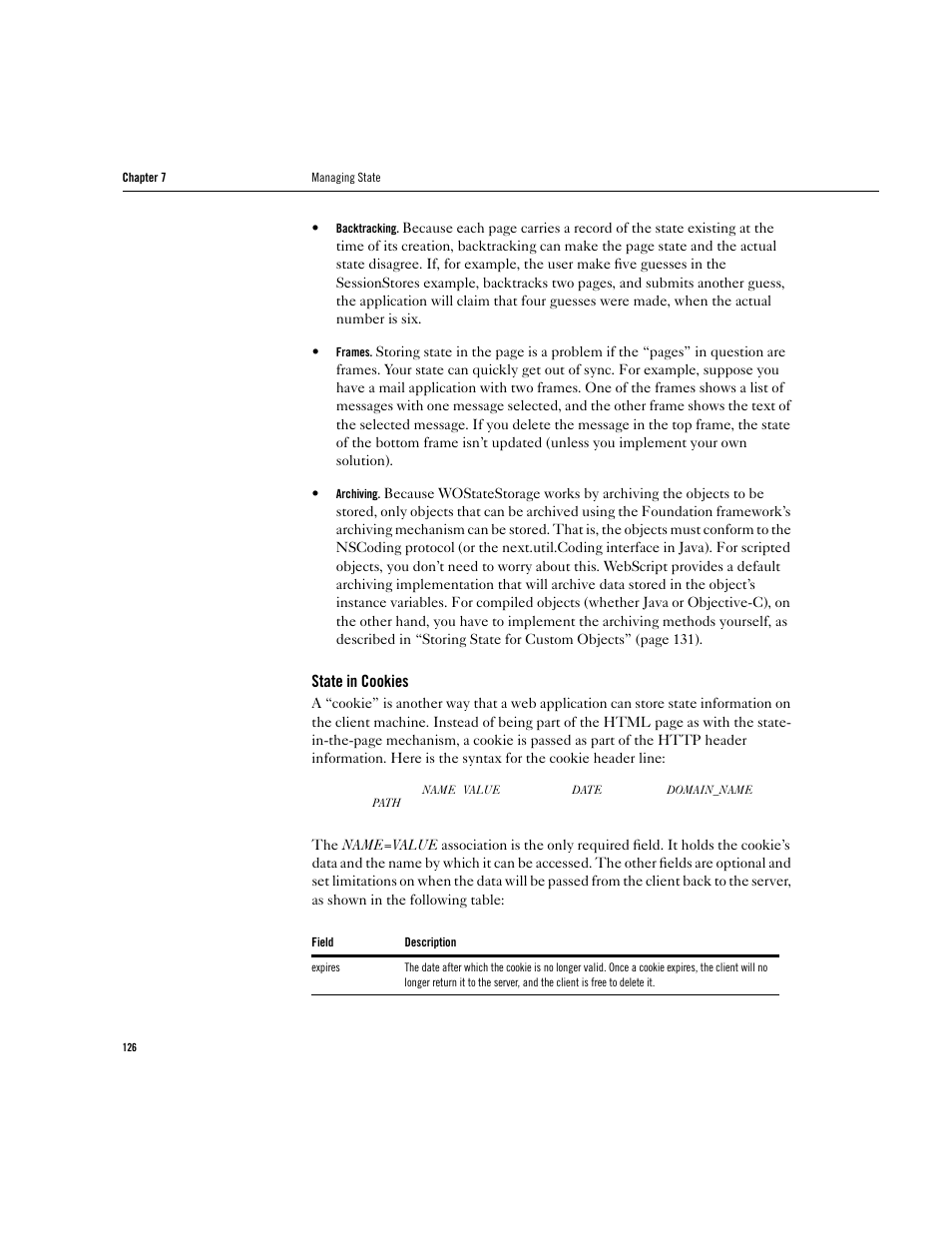 State in cookies | Apple WebObjects 3.5 User Manual | Page 126 / 218