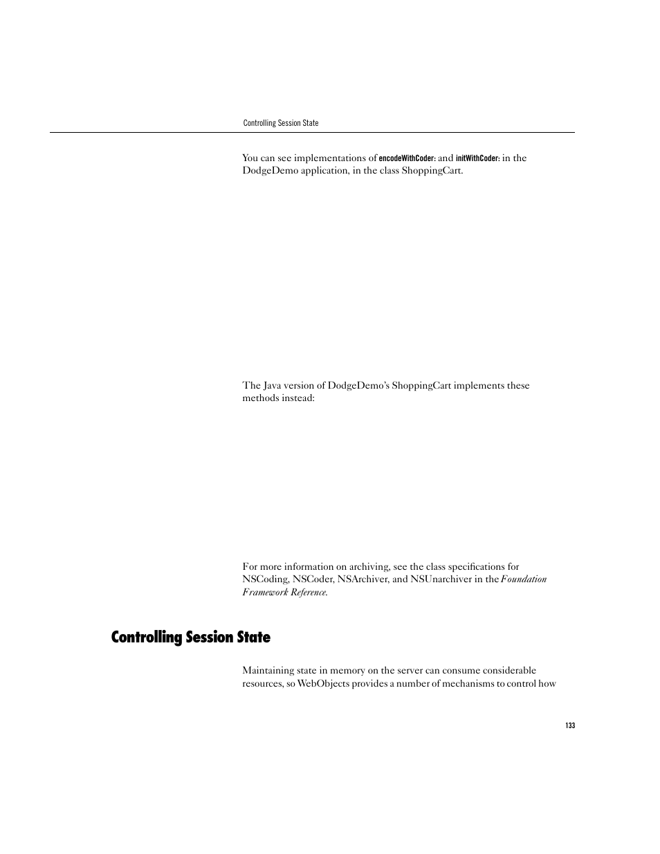 Controlling session state | Apple WebObjects 3.5 User Manual | Page 133 / 218